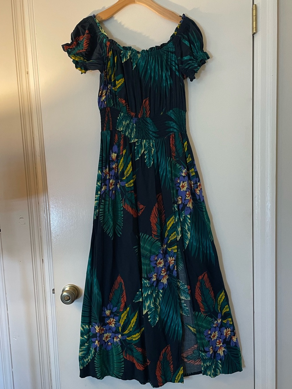 Tropical Navy Print Maxi Dress with Slit